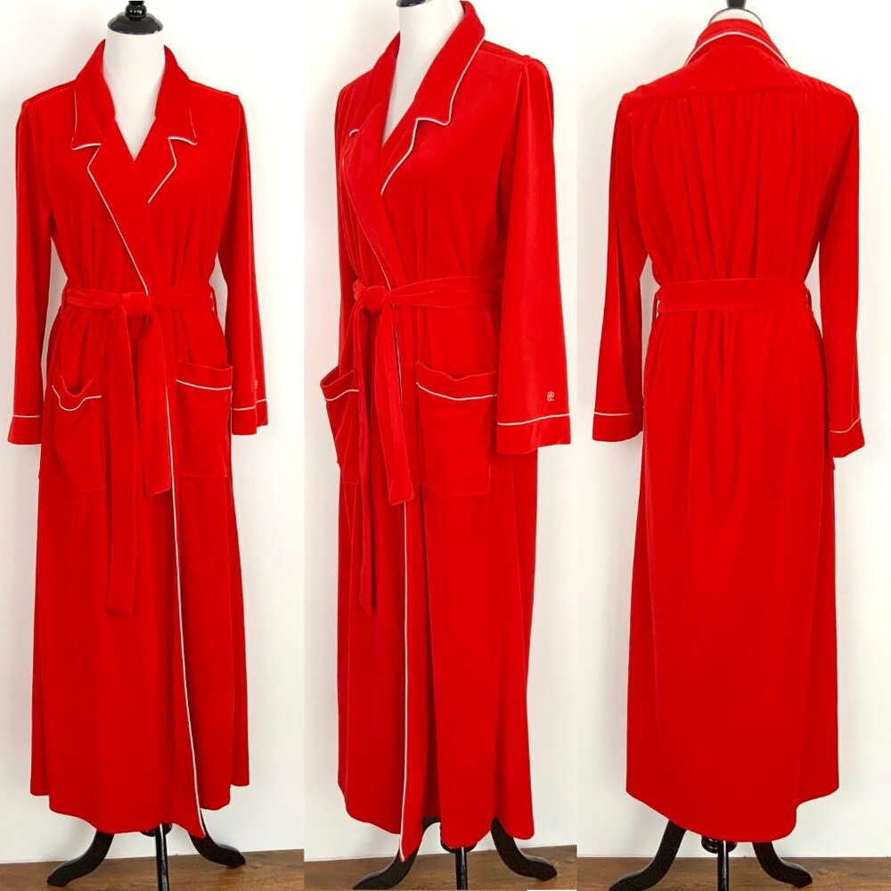 Vintage 80s Pierre Cardin Red Maxi Robe With White Piping Sz M - Picture 2 of 16